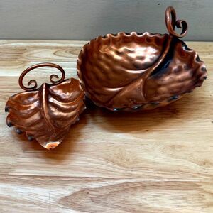 Vintage Gregorian Solid Hammered Copper Leaf Bowls (2) Curled Twist Handles